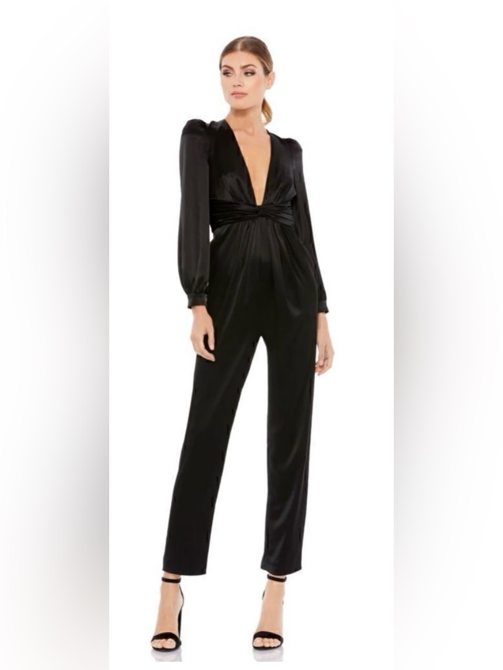 Mac Duggal Black Jumpsuit Puff sleeves deep V neck front twist size 2 BNWT